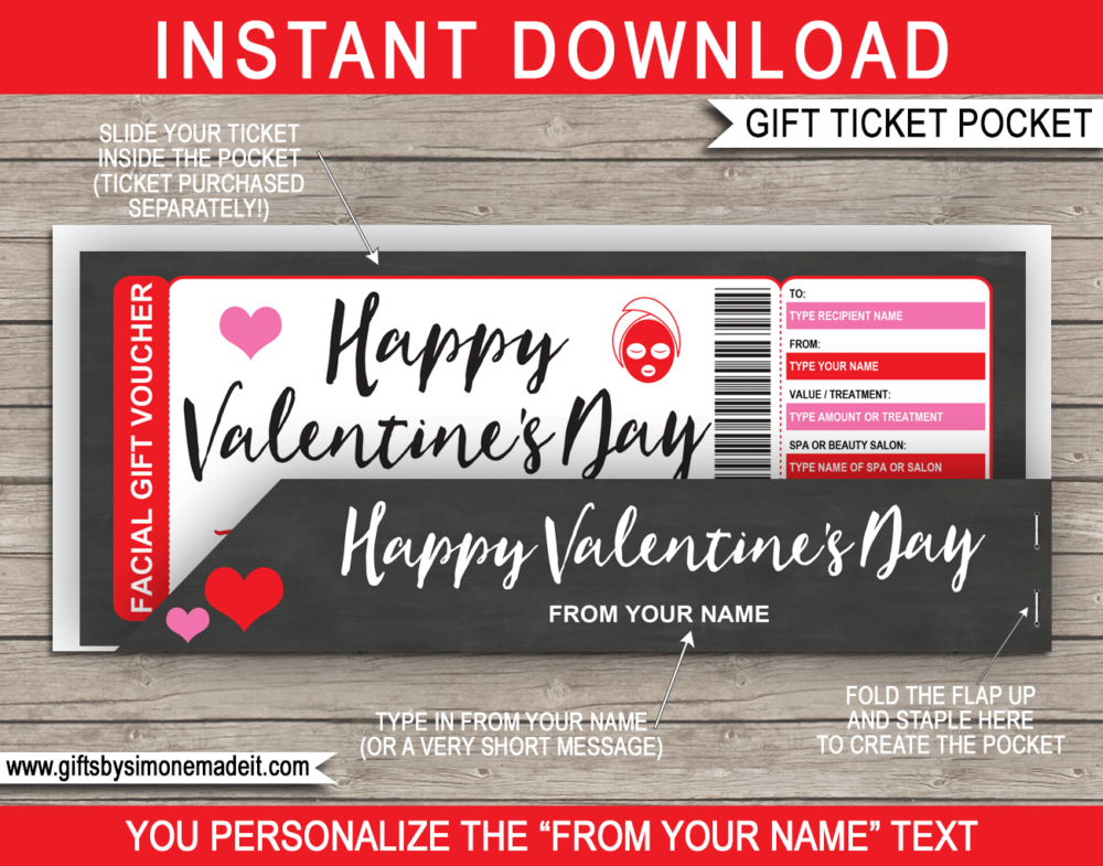 Printable Valentine's Day Facial Gift Voucher Pocket Template | Sleeve, Envelope, Holder | DIY Editable Text | INSTANT DOWNLOAD via giftsbysimonemadeit.com