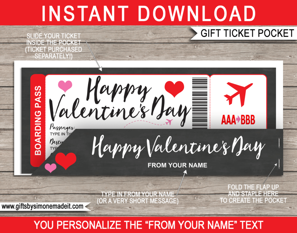 Printable Valentine's Day Plane Boarding Pass Gift Voucher Pocket Template | Sleeve, Envelope, Holder | DIY Editable Text | INSTANT DOWNLOAD via giftsbysimonemadeit.com