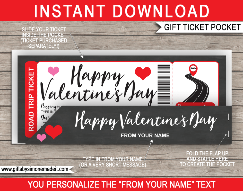 Printable Valentine's Day Road Trip Gift Voucher Pocket Template | Sleeve, Envelope, Holder | DIY Editable Text | INSTANT DOWNLOAD via giftsbysimonemadeit.com