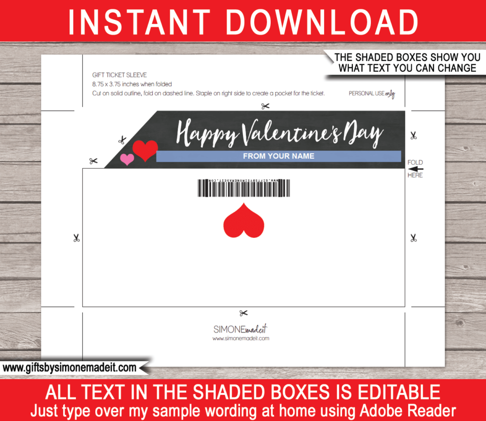 Editable & Printable Valentine's Day Gift Voucher Pocket Template | Sleeve, Envelope, Holder for gift certificates, tickets, boarding passes or money | INSTANT DOWNLOAD via giftsbysimonemadeit.com