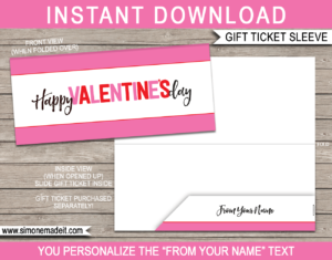 Printable Valentine's Day Gift Ticket Sleeve Template | Printable Gift Certificate / Voucher Envelope Holder | DIY Editable Text | INSTANT DOWNLOAD via giftsbysimonemadeit.com