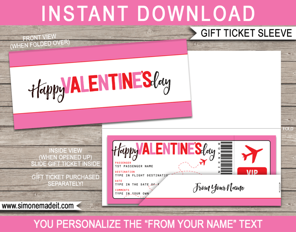 Printable Valentine's Day Boarding Pass Gift Ticket Sleeve Template | DIY Editable Text | INSTANT DOWNLOAD via giftsbysimonemadeit.com