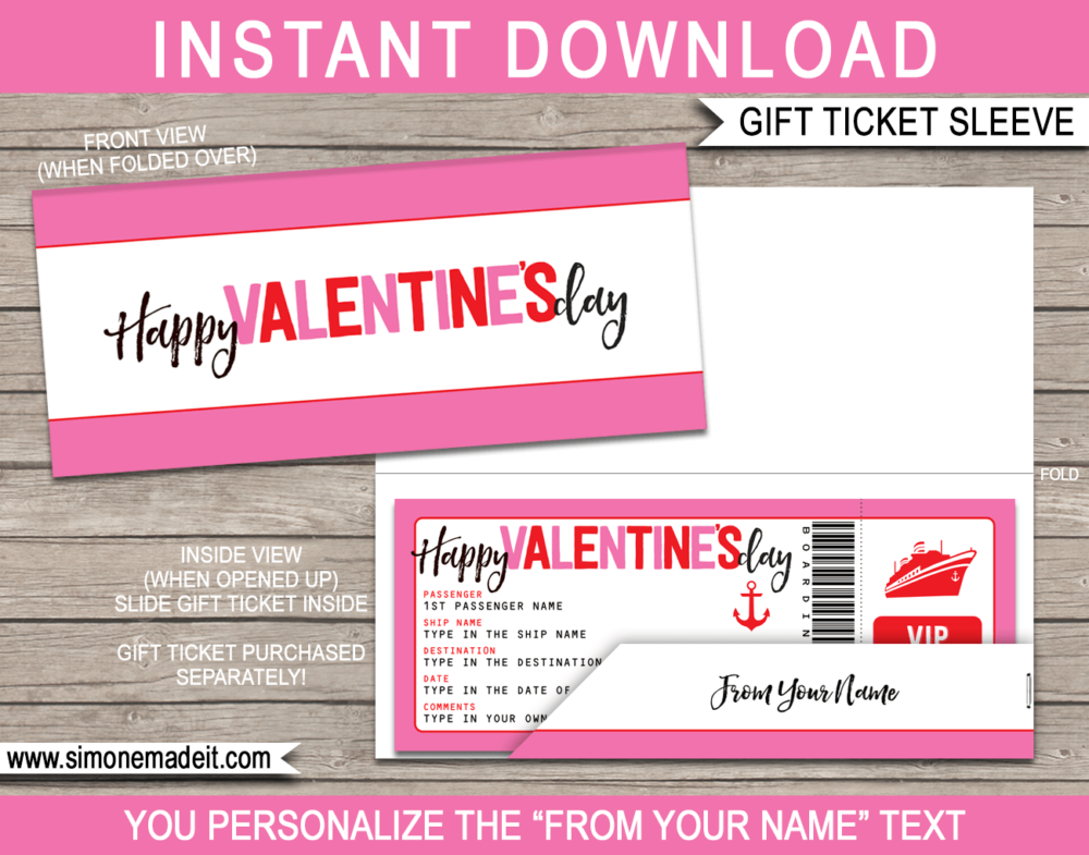 Printable Valentine's Day Cruise Ticket Gift Sleeve Template | DIY Editable Text | INSTANT DOWNLOAD via giftsbysimonemadeit.com
