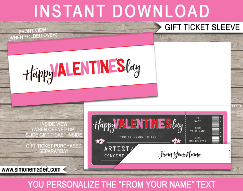 Printable Valentine's Day Concert Ticket Gift Sleeve Template | DIY Editable Text | INSTANT DOWNLOAD via giftsbysimonemadeit.com