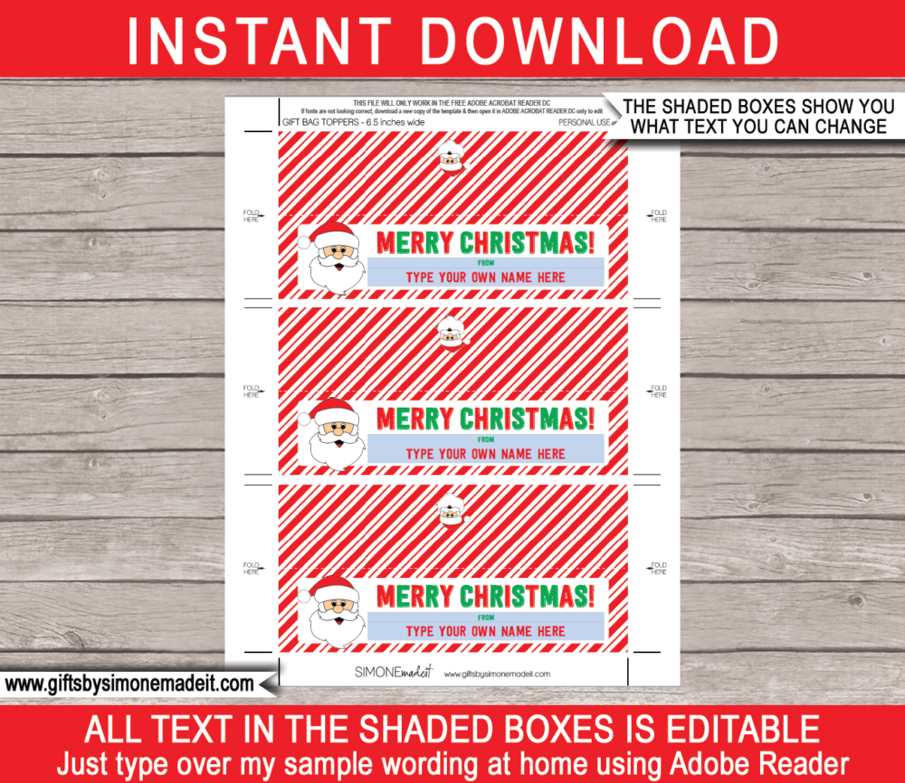 Christmas Gift Bag Toppers Template | Printable Custom Santa Gift Labels | Last Minute Christmas Class Gifts | DIY Editable Template | fits ZIPLOC Sandwich & Snack sizes | INSTANT DOWNLOAD via giftsbysimonemadeit.com