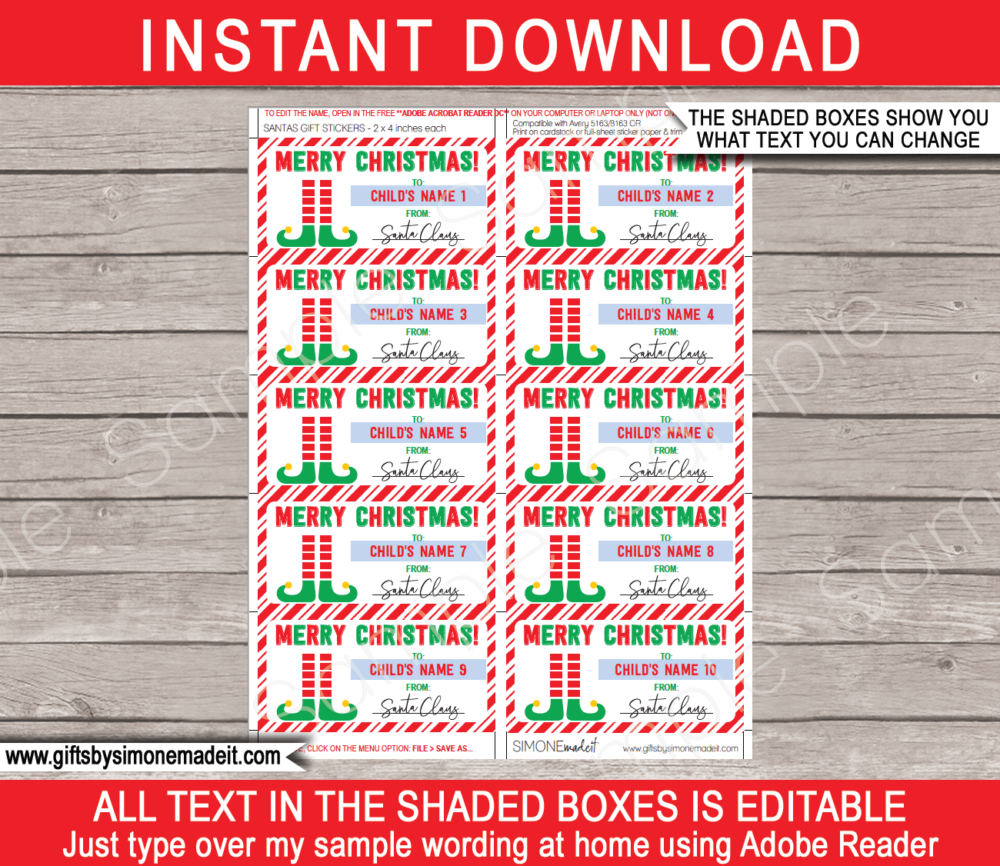 Printable Christmas Gift Tags Template | Printable Gift Labels from Santa Claus | Custom Gift Stickers from the Santa's Workshop North Pole | DIY Editable Text | INSTANT DOWNLOAD via giftsbysimonemadeit.com