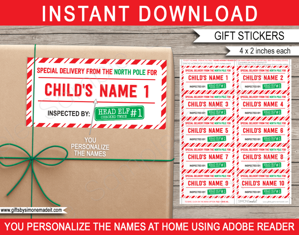 Inspected by Elf Gift Labels Template | Printable Santa Gift Stickers | Gift Tags from Santa's Workshop from the North Pole | DIY Editable Text | INSTANT DOWNLOAD via giftsbysimonemadeit.com