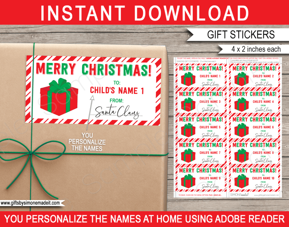 Printable Christmas Gift Stickers Template | Printable Gift Labels from Santa Claus | Custom Gift Tags from the Santa's Workshop North Pole | DIY Editable Text | INSTANT DOWNLOAD via giftsbysimonemadeit.com