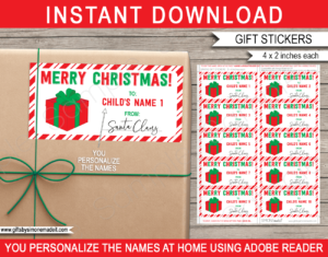 Printable Christmas Gift Stickers Template | Printable Gift Labels from Santa Claus | Custom Gift Tags from the Santa's Workshop North Pole | DIY Editable Text | INSTANT DOWNLOAD via giftsbysimonemadeit.com