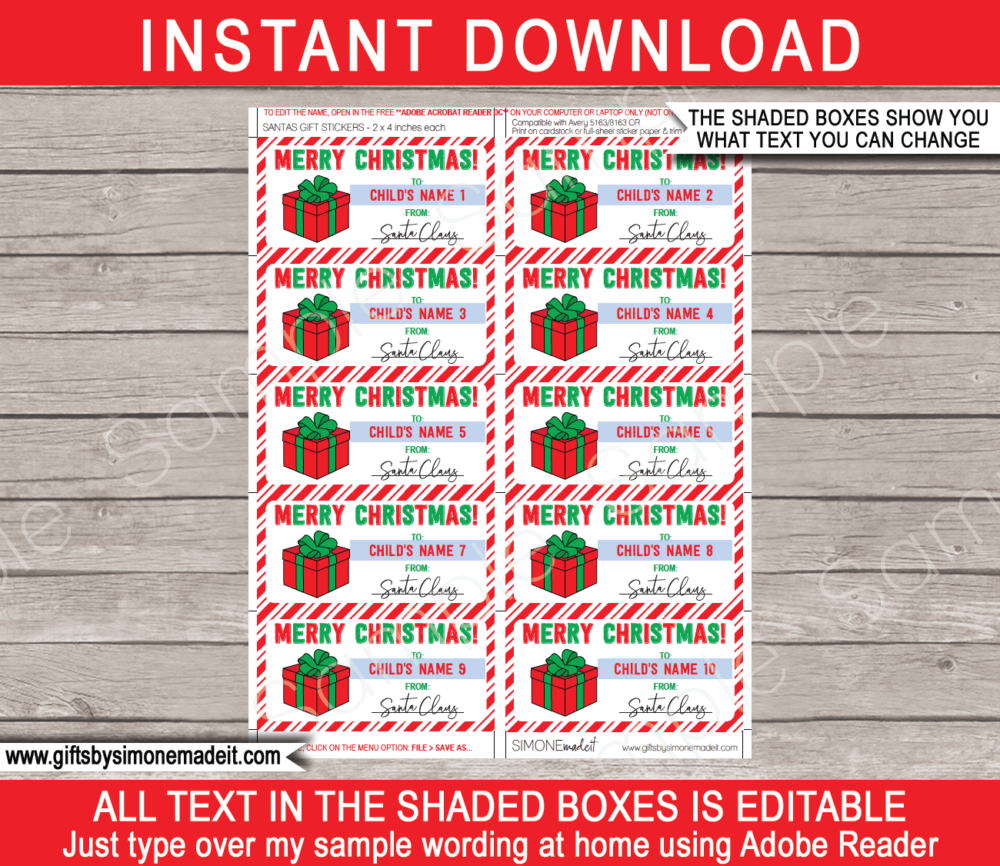 Printable Christmas Gift Stickers Template | Printable Gift Labels from Santa Claus | Custom Gift Tags from the Santa's Workshop North Pole | DIY Editable Text | INSTANT DOWNLOAD via giftsbysimonemadeit.com