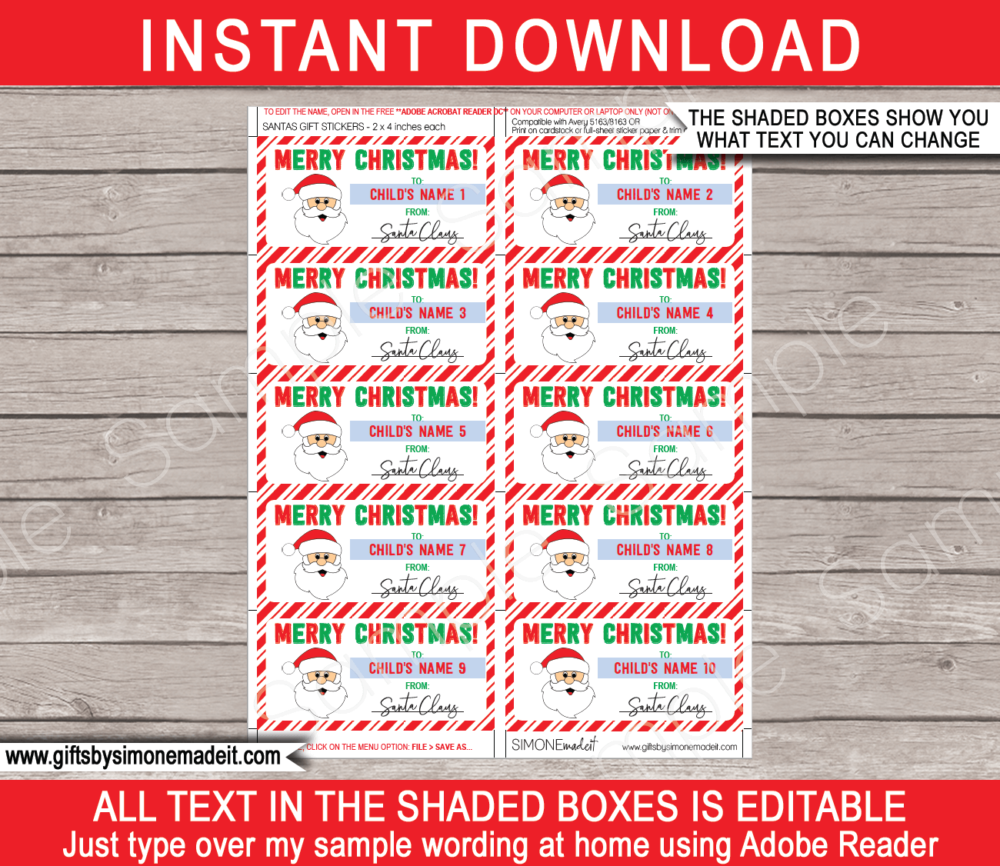 Printable Christmas Gift Labels Template | Printable Gift Tags from Santa Claus | Custom Gift Stickers from the North Pole | DIY Editable Text | INSTANT DOWNLOAD via giftsbysimonemadeit.com