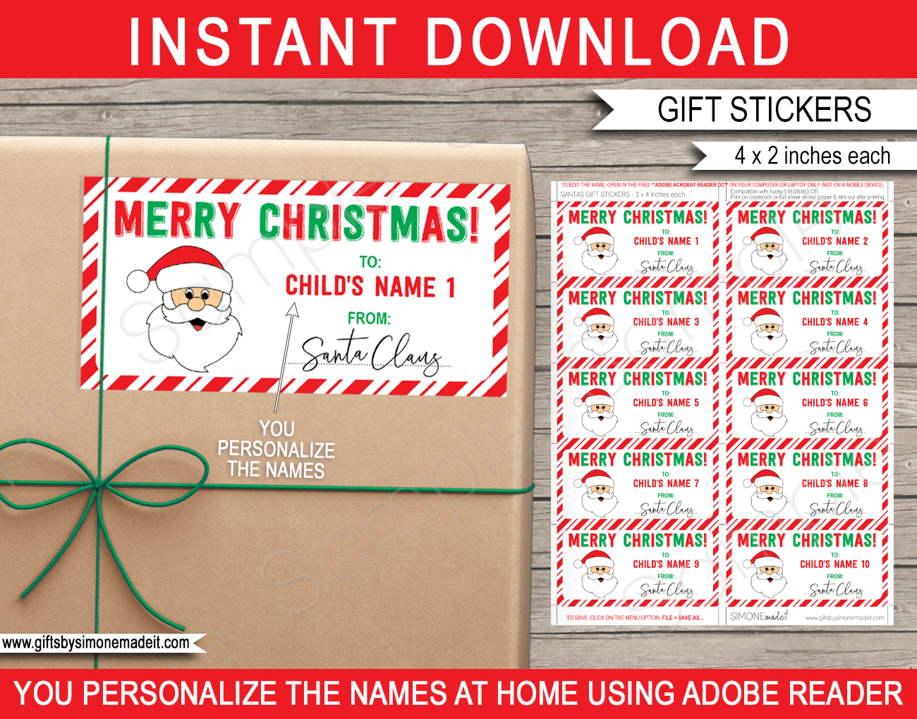 Christmas Gift Labels Template (Santa Claus) - red & green