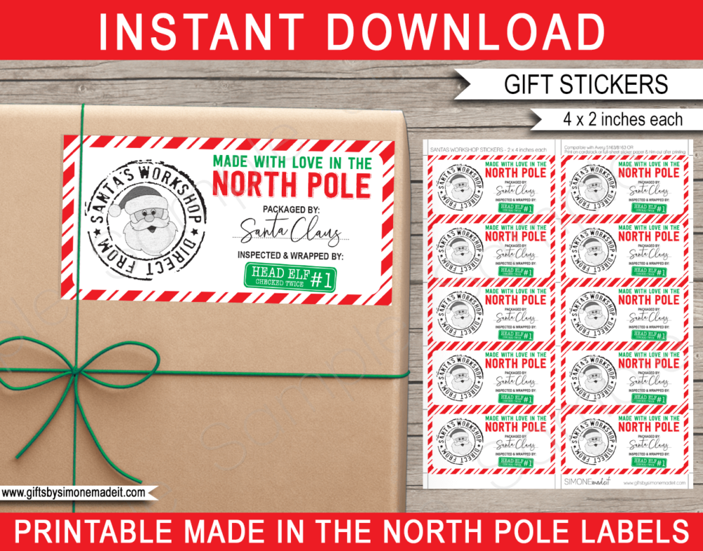 Printable Made in the North Pole Labels Template | Packed by Santa Claus, Checked Twice then Wrapped by an Elf Stickers | Gift Labels from Santa's Workshop | Last Minute Gift Wrapping | INSTANT DOWNLOAD via giftsbysimonemadeit.com