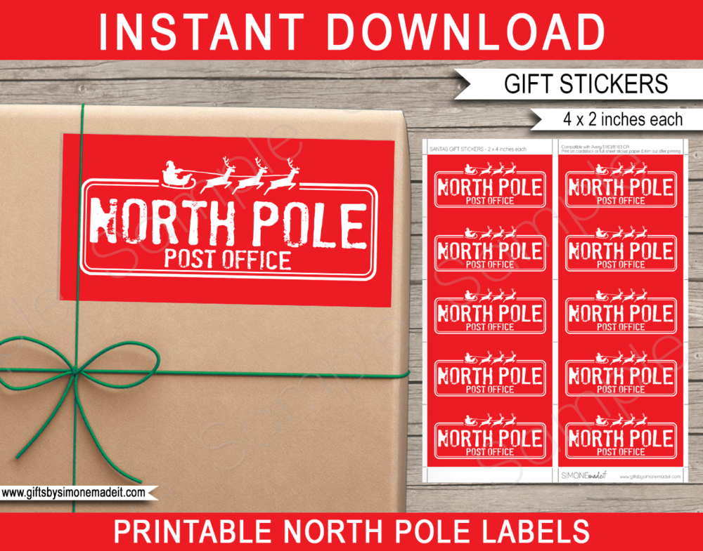 Printable Christmas North Pole Stickers Template | North Pole Post Office Stamp | Gift Labels from Santa's Workshop | Last Minute Gift Wrapping | INSTANT DOWNLOAD via giftsbysimonemadeit.com