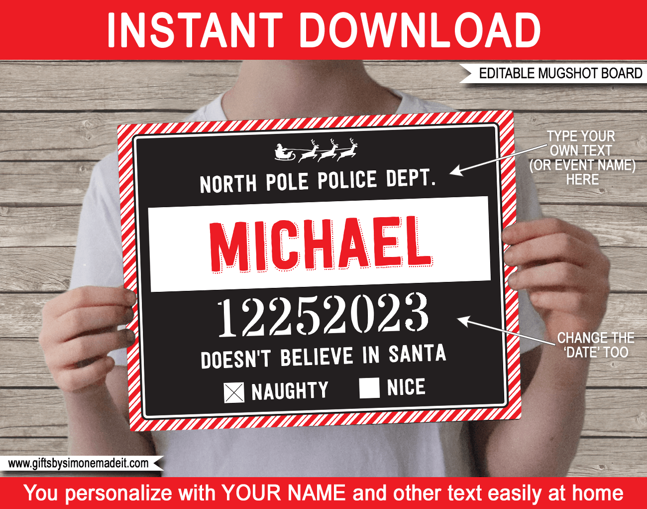 Printable Christmas Mugshot Board Template | Xmas Party Photo Booth Props | DIY Editable Text | Instant Download via giftsbysimonemadeit.com