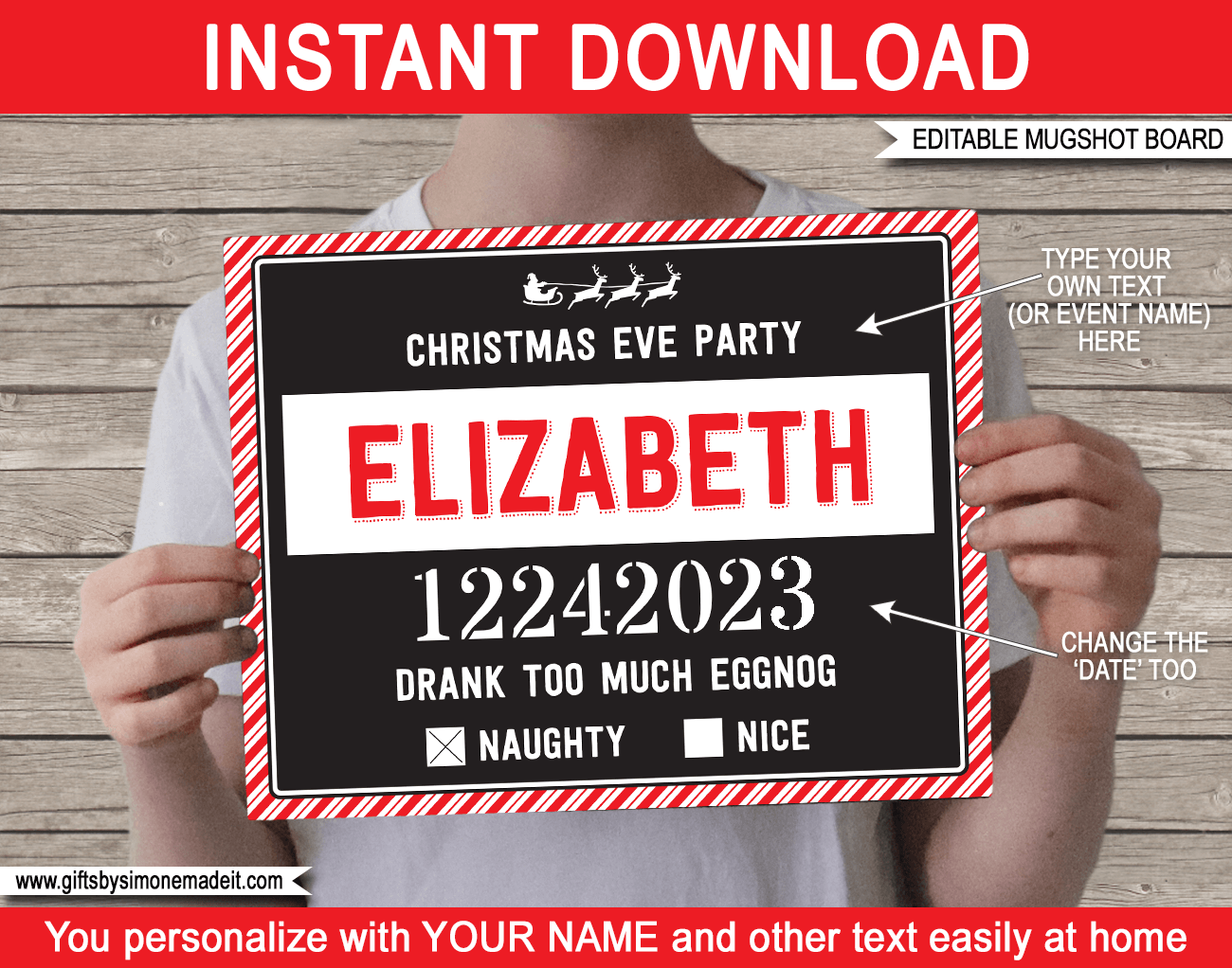 Printable Christmas Mugshot Sign Template | Xmas Party Photo Booth Props | DIY Editable Text | Instant Download via giftsbysimonemadeit.com