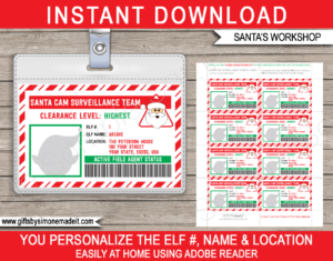 Printable Lost Elf ID Card Template | Christmas Santa Cam Surveillance Badges | Santa's Workshop North Pole | DIY Editable Text | INSTANT DOWNLOAD via giftsbysimonemadeit.com