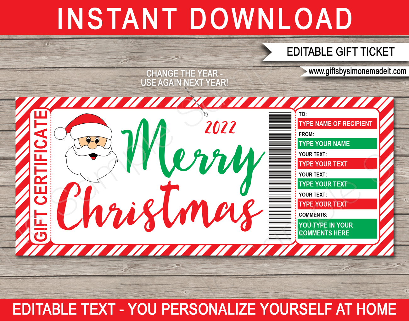 Christmas Santa Gift Certificate Template | Editable & Printable Gift Voucher | Personalized Custom Santa Claus Gift Card | Instant Download via giftsbysimonemadeit.com