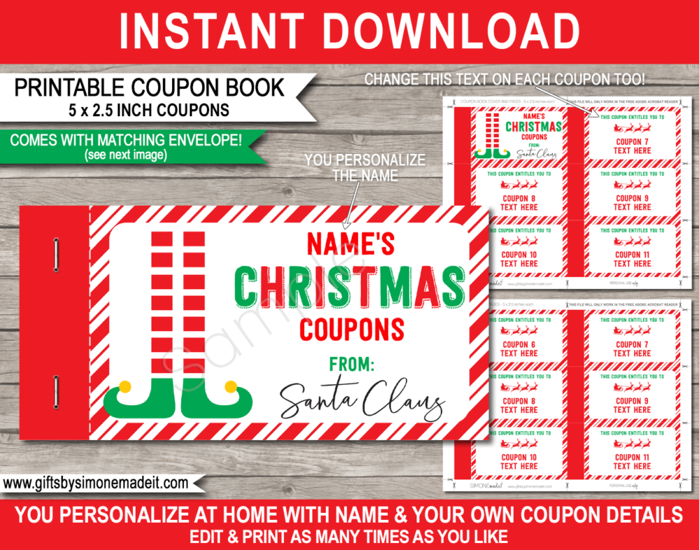 DIY Christmas Coupons Book Template | Printable Personalized Vouchers from Santa | DIY Editable Gift | Last Minute | Kids and Family | Instant Download via simonemadeit.com