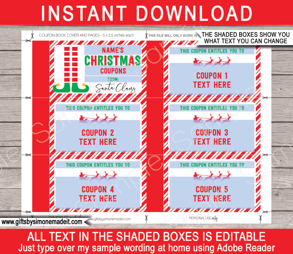 DIY Christmas Coupons Book Template | Printable Personalized Vouchers from Santa | DIY Editable Gift | Last Minute | Kids and Family | Instant Download via simonemadeit.com