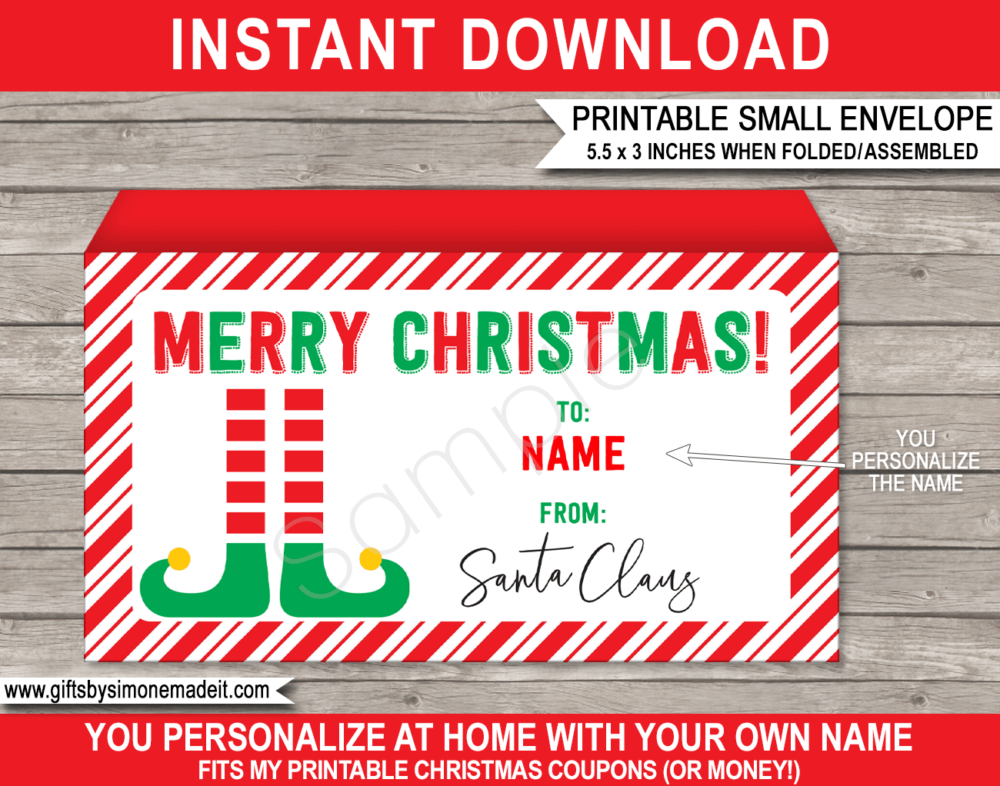 Printable Christmas Elf Envelope from Santa Template | Personalized Christmas Gift | DIY Editable Text | Last Minute Christmas gift | Kids and Family | Instant Download via simonemadeit.com