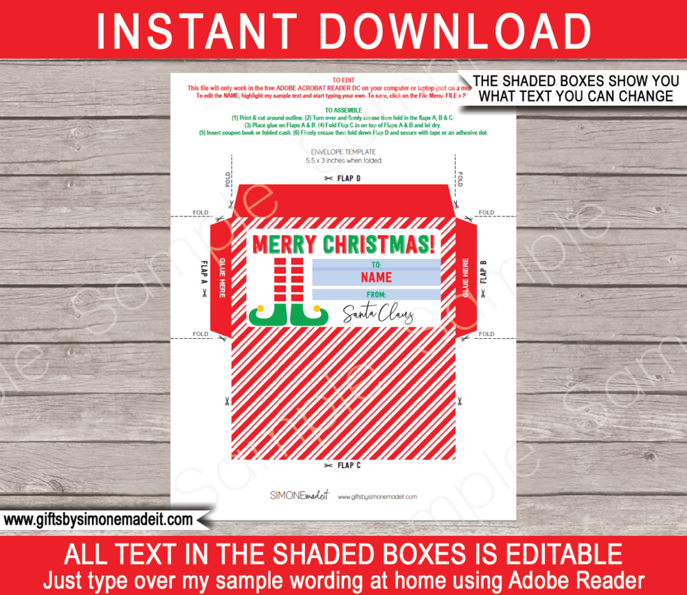 Printable Christmas Elf Envelope from Santa Template | Personalized Christmas Gift | DIY Editable Text | Last Minute Christmas gift | Kids and Family | Instant Download via simonemadeit.com