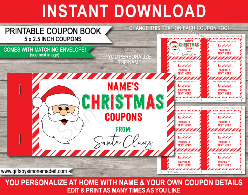 Coupon Book from Santa Template | Printable Personalized Christmas Gift | DIY Editable Coupons | Last Minute Christmas gift | kids and family | Instant Download via giftsbysimonemadeit.com