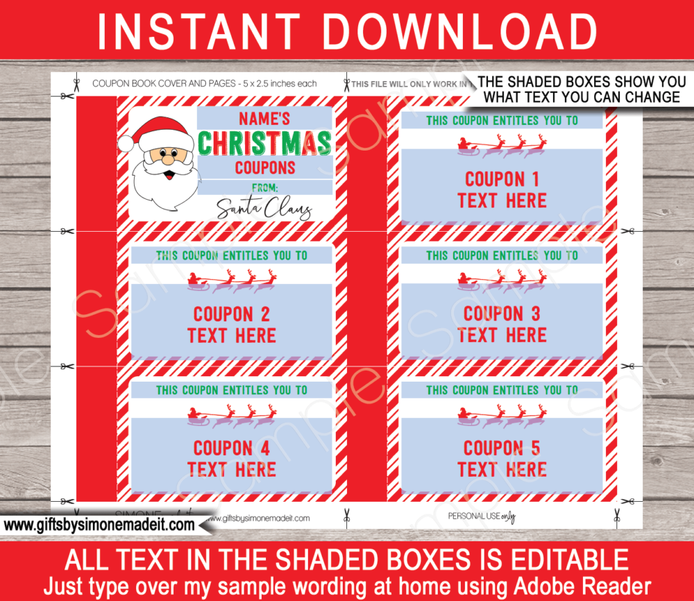 Coupon Book from Santa Template | Printable Personalized Christmas Gift | DIY Editable Coupons | Last Minute Christmas gift | kids and family | Instant Download via simonemadeit.com