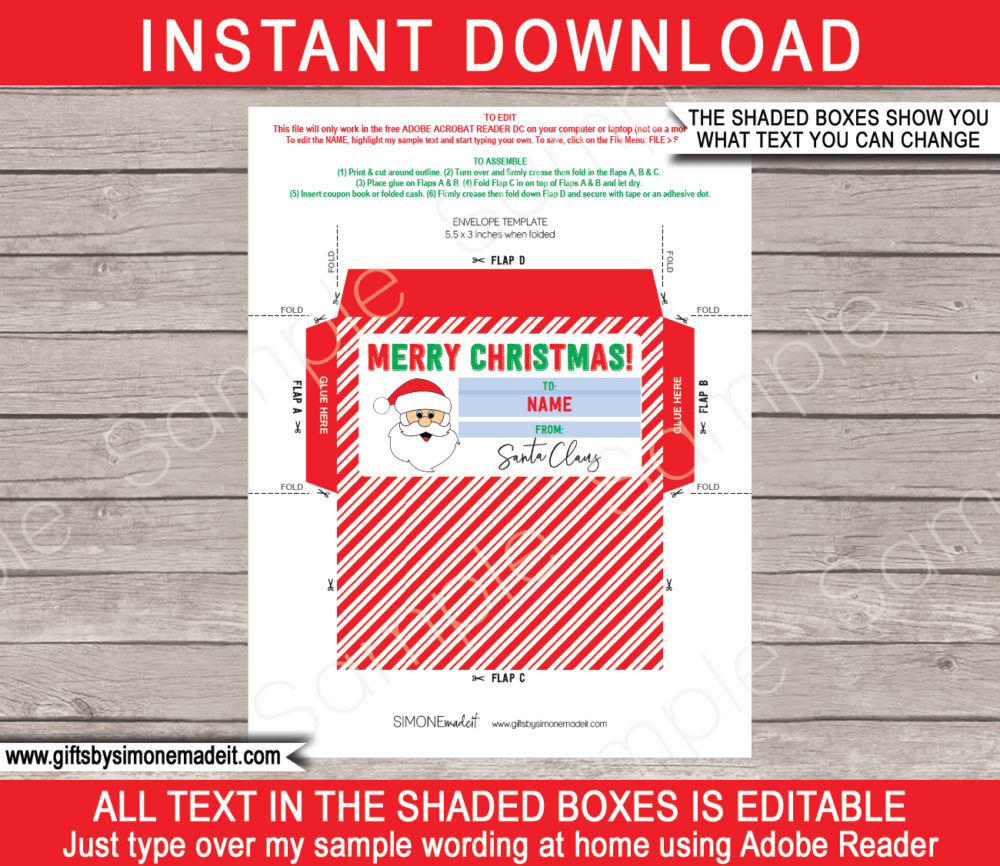 Printable Christmas Envelope from Santa Template | Personalized Christmas Gift | DIY Editable Text | Last Minute Christmas gift | Kids and Family | Instant Download via simonemadeit.com