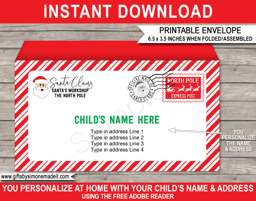 Printable Christmas Envelope Template | Santa's Workshop North Pole | Personalized Christmas Gift | DIY Editable Text | Last Minute Christmas gift | Kids and Family | Instant Download via giftsbysimonemadeit.com