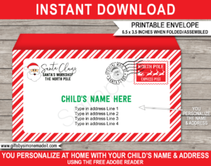 Printable Christmas Envelope Template | Santa's Workshop North Pole | Personalized Christmas Gift | DIY Editable Text | Last Minute Christmas gift | Kids and Family | Instant Download via giftsbysimonemadeit.com