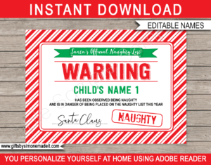 Printable Santa's Naughty List Warning Certificate Template | Signed by Santa Claus | Santa's Workshop North Pole | DIY Editable Text | INSTANT DOWNLOAD via giftsbysimonemadeit.com