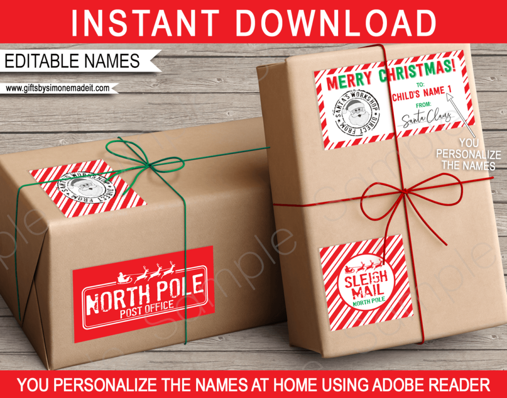 Printable Santas Workshop Gift Labels Template | From Santa Gift Tags | Christmas Sleigh Mail | Custom Tags from the North Pole Post Office | Santa Claus | DIY Editable Text | INSTANT DOWNLOAD via giftsbysimonemadeit.com
