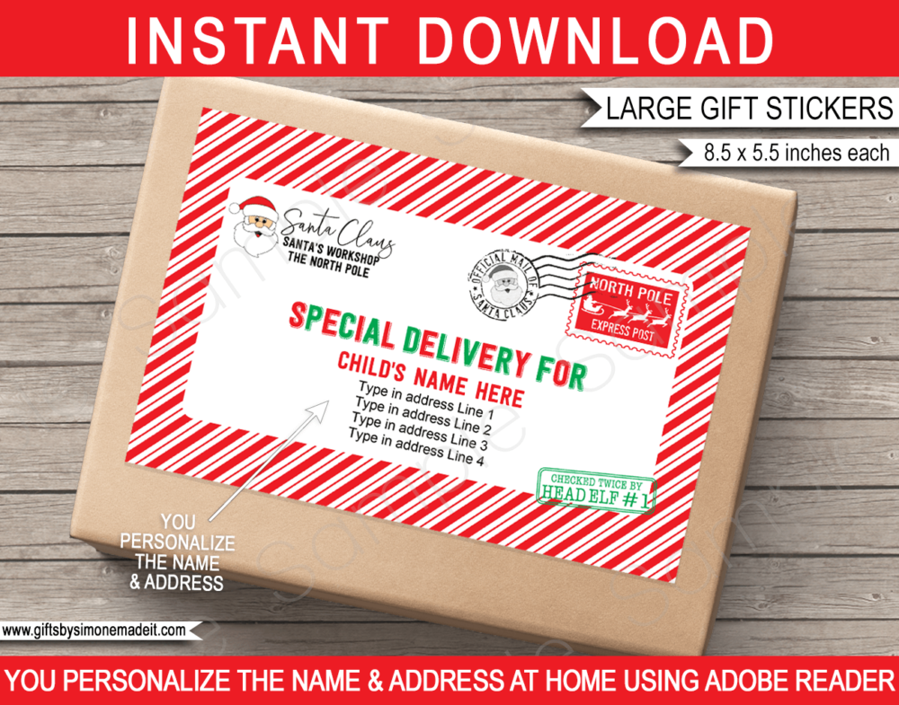 North Pole Mail Stickers Template | Santa's Workshop Christmas Gift Tags | Printable Christmas Gift Labels, Tags from Santa Claus | DIY Custom Editable Text | INSTANT DOWNLOAD via giftsbysimonemadeit.com