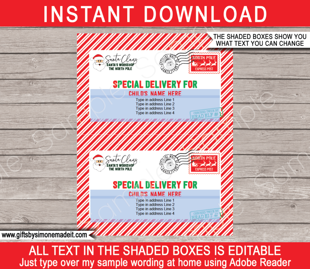 North Pole Mail Stickers Template | Santa's Workshop Christmas Gift Tags | Printable Christmas Gift Labels, Tags from Santa Claus | DIY Custom Editable Text | INSTANT DOWNLOAD via giftsbysimonemadeit.com