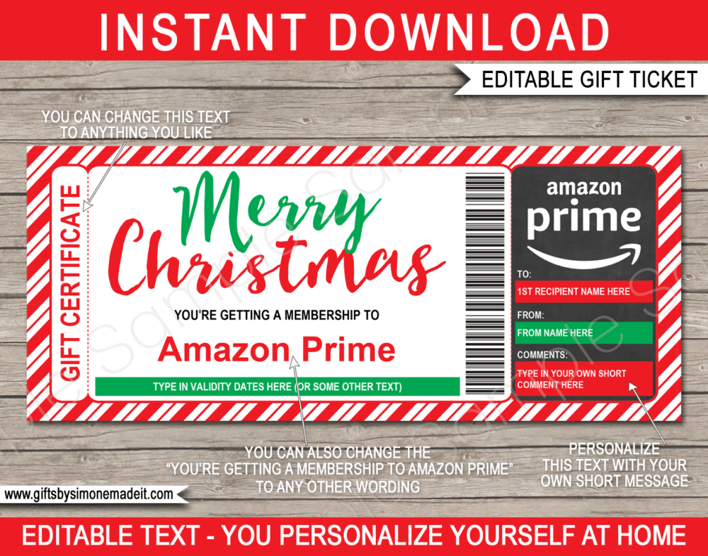 Printable Christmas Amazon Prime Gift Certificate Template | Gift Voucher | Amazon Subscription Gift Idea | INSTANT DOWNLOAD via giftsbysimonemadeit.com
