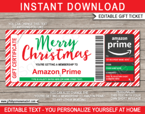 Printable Christmas Amazon Prime Gift Certificate Template | Gift Voucher | Amazon Subscription Gift Idea | INSTANT DOWNLOAD via giftsbysimonemadeit.com