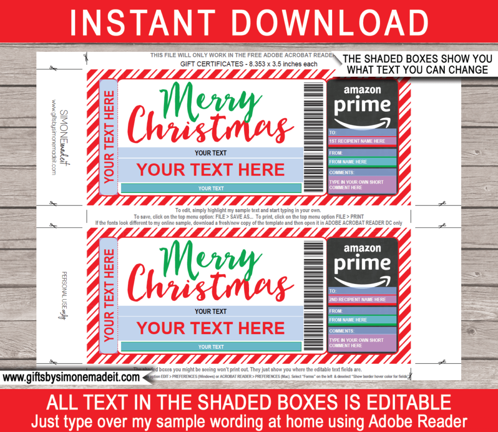 Printable Christmas Amazon Prime Gift Certificate Template | Gift Voucher | Amazon Subscription Gift Idea | INSTANT DOWNLOAD via giftsbysimonemadeit.com