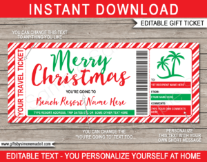 Christmas Beach Vacation Travel Ticket Template | Tropical Holiday Trip | Surprise Getaway Reveal Idea | DIY Printable with Editable Text | INSTANT DOWNLOAD via giftsbysimonemadeit.com