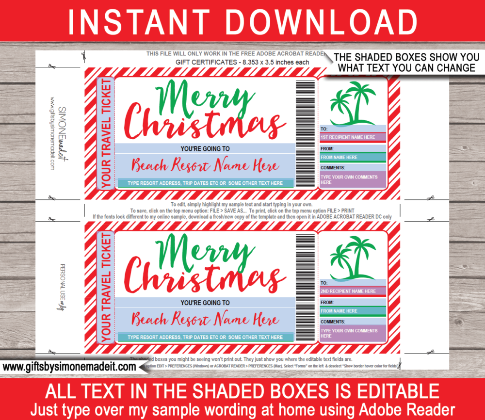 Christmas Beach Vacation Travel Ticket Template | Tropical Holiday Trip | Surprise Getaway Reveal Idea | DIY Printable with Editable Text | INSTANT DOWNLOAD via giftsbysimonemadeit.com