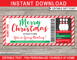 Christmas Bowling Gift Voucher Template | Printable Tenpin Bowling Gift Certificate | DIY Editable Ticket | INSTANT DOWNLOAD via giftsbysimonemadeit.com