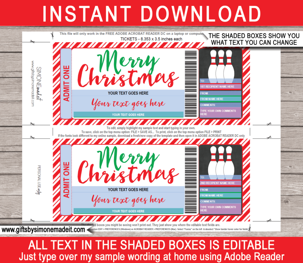 Christmas Bowling Gift Voucher Template | Printable Tenpin Bowling Gift Certificate | DIY Editable Ticket | INSTANT DOWNLOAD via giftsbysimonemadeit.com