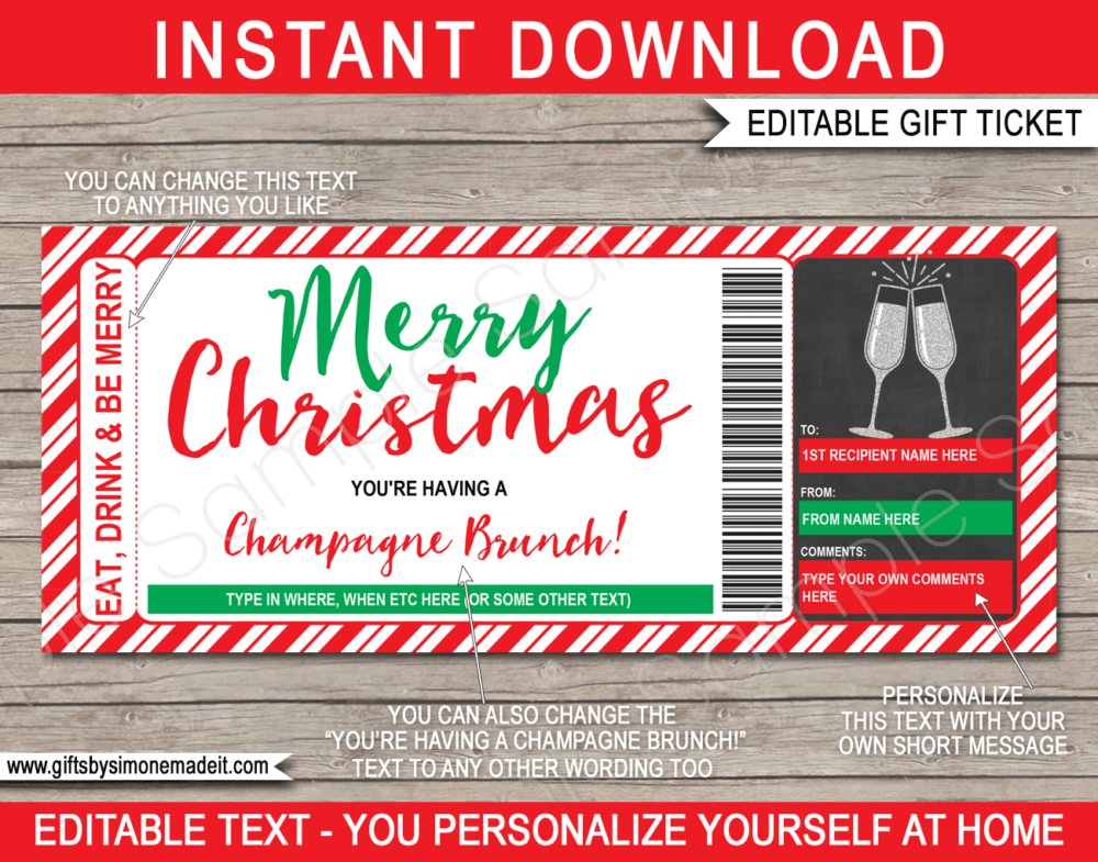 Christmas Champagne Brunch Gift Voucher Template | Girls Night Out Gift Ticket | Ladies Lunch Gift Certificate | DIY Printable with Editable Text | INSTANT DOWNLOAD via giftsbysimonemadeit.com