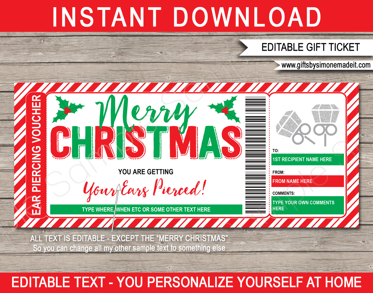 Christmas Ear Piercing Gift Voucher Template | Gift Idea for Teen Daughter | Printable Ticket | DIY Gift Certificate with Editable Text | INSTANT DOWNLOAD via giftsbysimonemadeit.com