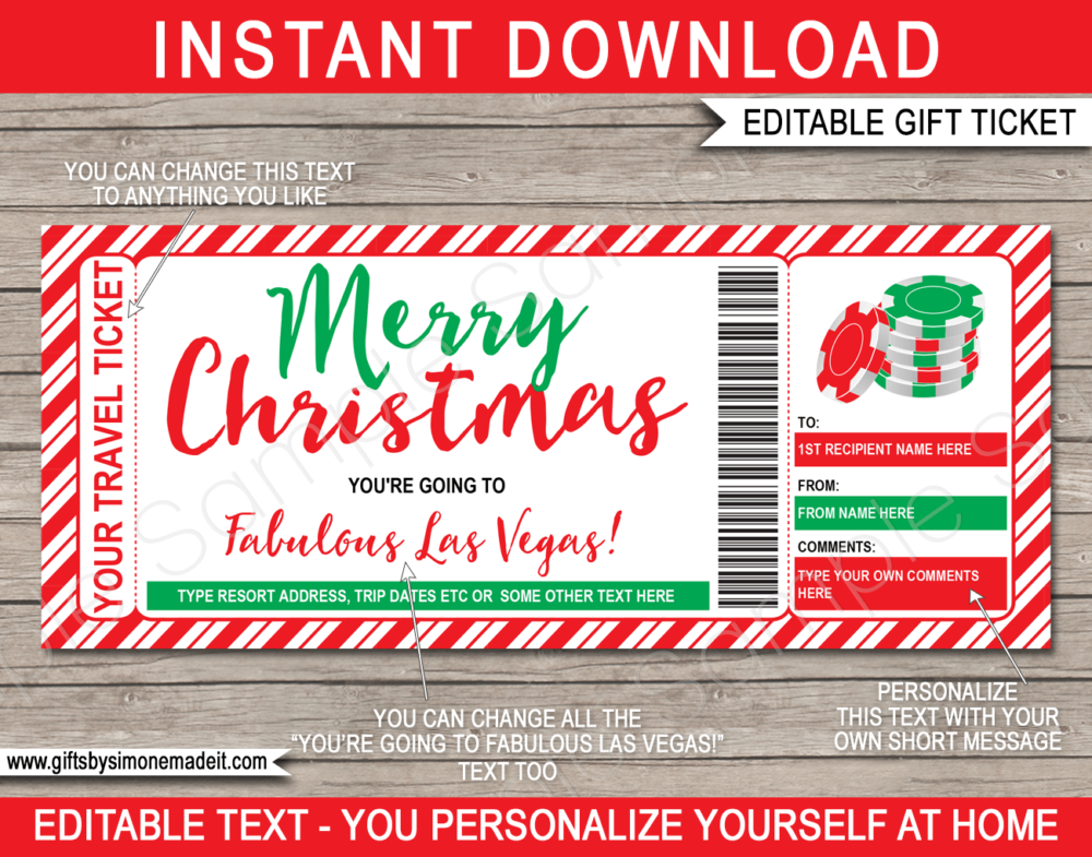 Christmas Las Vegas Trip Travel Ticket Template | Getaway, Vacation or Holiday | Surprise Reveal Idea | DIY Printable with Editable Text | INSTANT DOWNLOAD via giftsbysimonemadeit.com