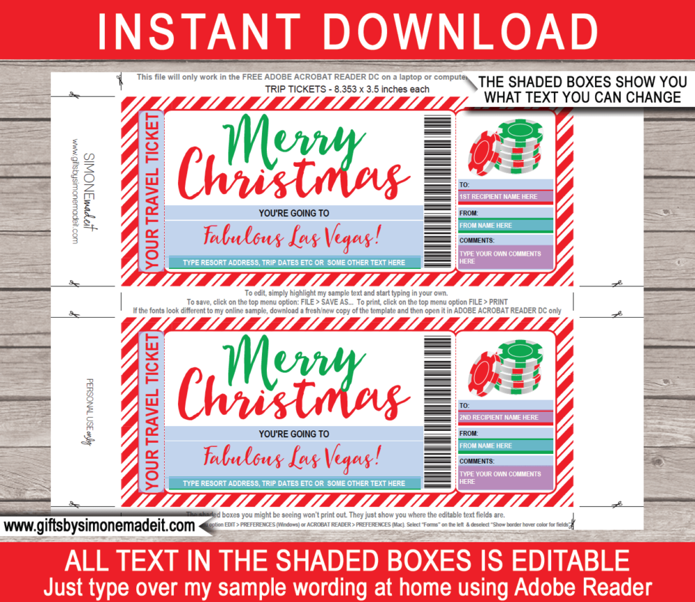 Christmas Las Vegas Trip Travel Ticket Template | Getaway, Vacation or Holiday | Surprise Reveal Idea | DIY Printable with Editable Text | INSTANT DOWNLOAD via giftsbysimonemadeit.com