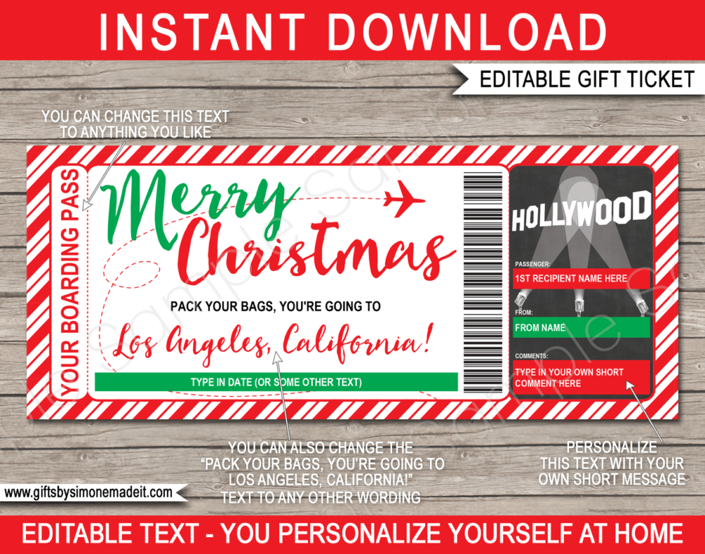 Christmas Los Angeles Boarding Pass Template | Surprise California Trip Reveal Gift Idea | Fake Plane Ticket | Beverly Hills, Walk of Fame, Hollywood, California | Getaway, Vacation, Holiday | DIY Printable with Editable Text | INSTANT DOWNLOAD via giftsbysimonemadeit.com