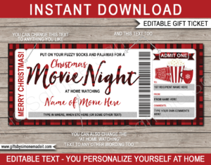 Christmas Family Movie Night Ticket | DIY Printable Gift Certificate Voucher with Editable Text | Fuzzy Socks and Pajamas | Popcorn & Hot Cocoa | Gift Idea | INSTANT DOWNLOAD via giftsbysimonemadeit.com