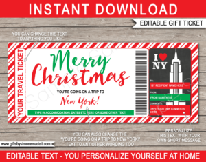 Christmas New York Travel Ticket Template | Surprise NYC Trip, Getaway, Vacation, Holiday | Surprise Gift Reveal Idea | DIY Printable with Editable Text | INSTANT DOWNLOAD via giftsbysimonemadeit.com