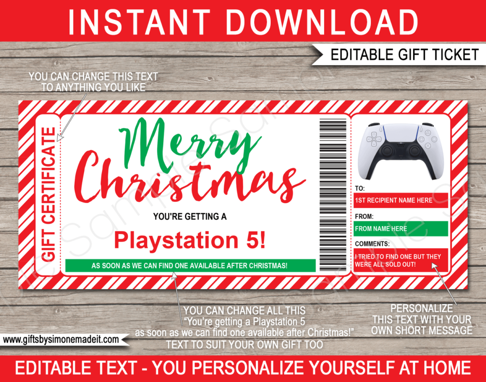 Printable Christmas Playstation 5 Gift Certificate Template | Gift Voucher | New Video Game Console Present | INSTANT DOWNLOAD via giftsbysimonemadeit.com